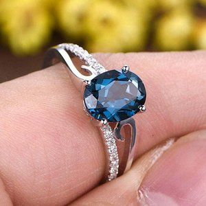 NEW Gem Stone 925 Sterling Silver Blue Sapphire & White Diamond Ring